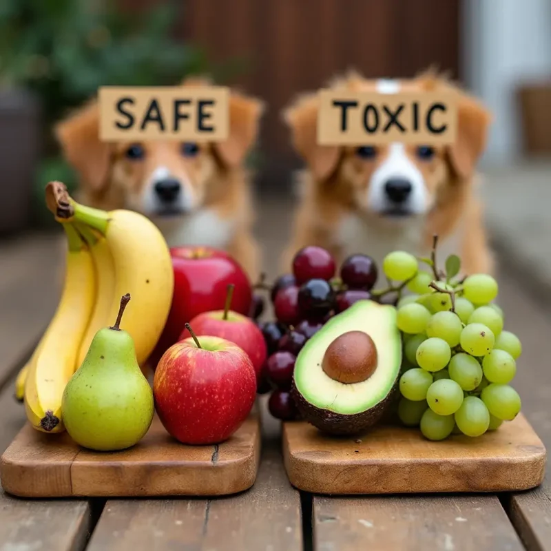 Tabla que muestra frutas seguras como manzanas y plátanos, y peligrosas como uvas y cerezas para perros.