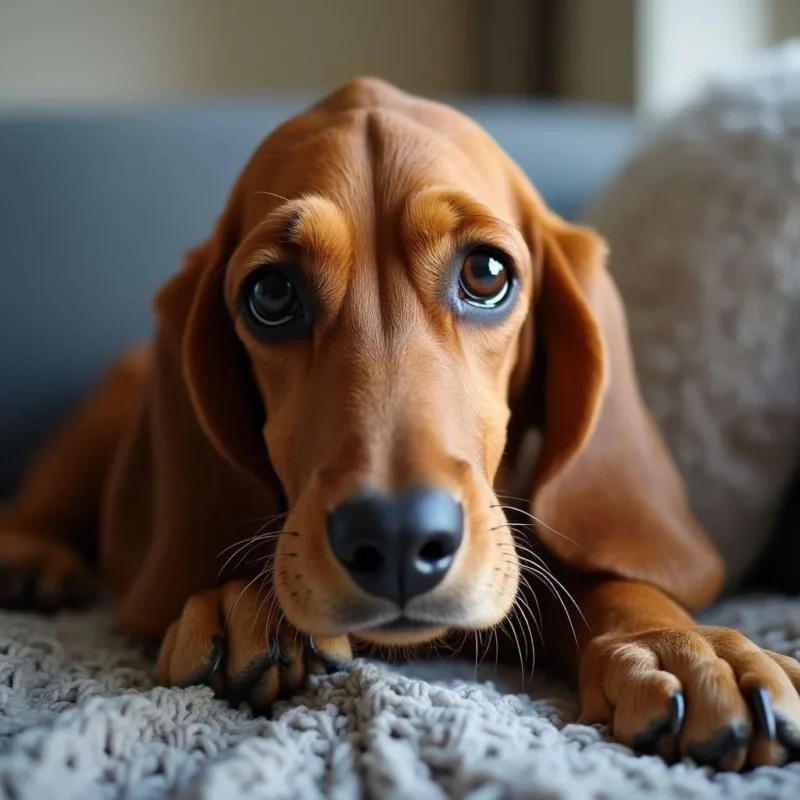 Primer plano de un perro Basset en un sofá con orejas largas.