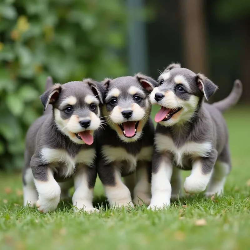 Cachorros schnauzer mediano jugando en el jardín