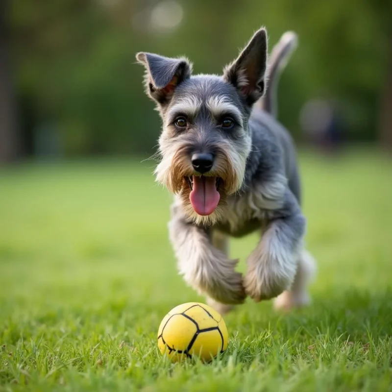 Schnauzer mediano jugando con una pelota en el parque