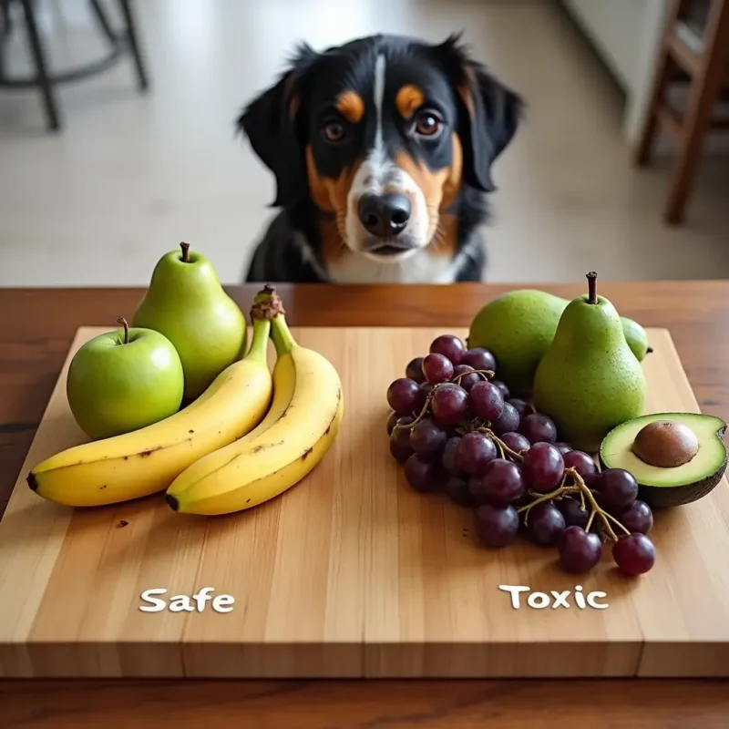 Frutas divididas en seguras y peligrosas para perros, incluyendo naranjas, uvas y cerezas.