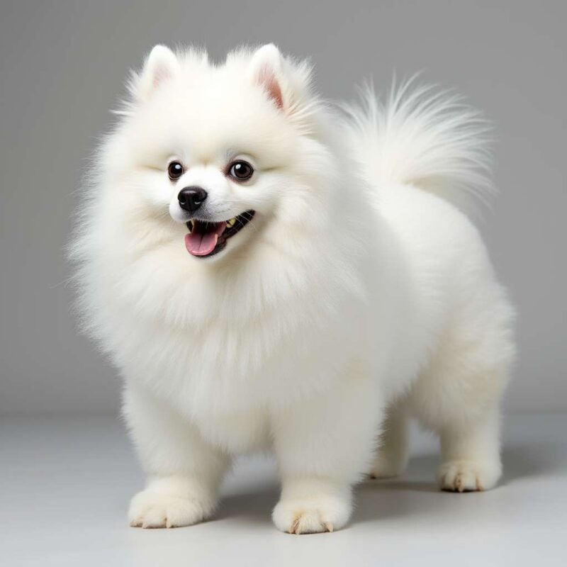 Close-up of a white, fluffy caniche with a well-groomed coat.