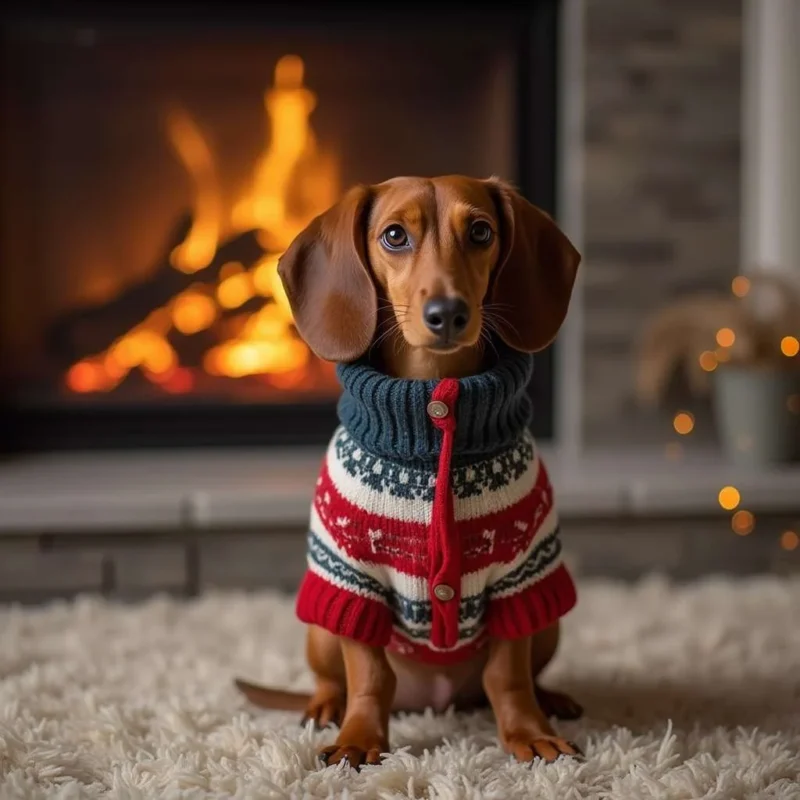 Dachshund con suéter frente a la chimenea