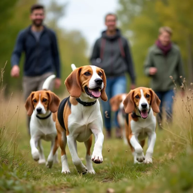 Beagles disfrutando de una caminata al aire libre con sus dueños.