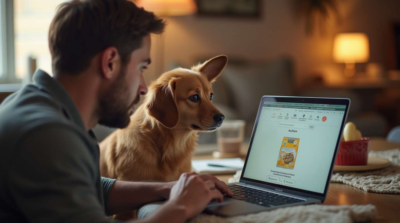 Dueño de perro investigando sobre croquetas para perro en una laptop.