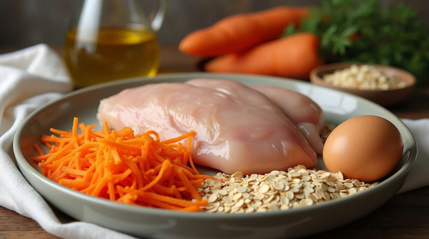 Ingredientes frescos para una receta casera de croquetas para perro.