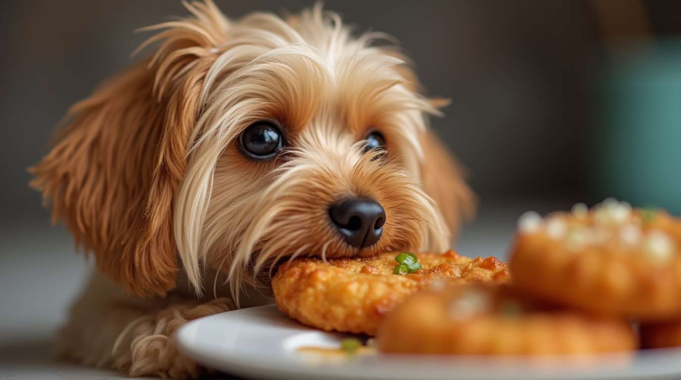 Perro con pelaje brillante comiendo croquetas de salmón.