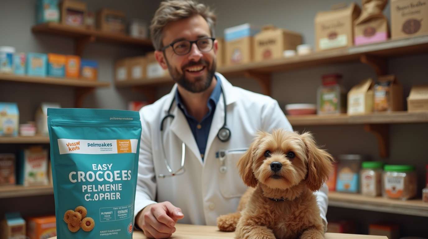 Veterinario asesorando sobre croquetas para perro en una tienda de mascotas.