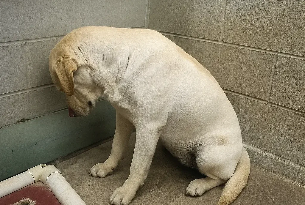 sad dog in shelter staring at wall